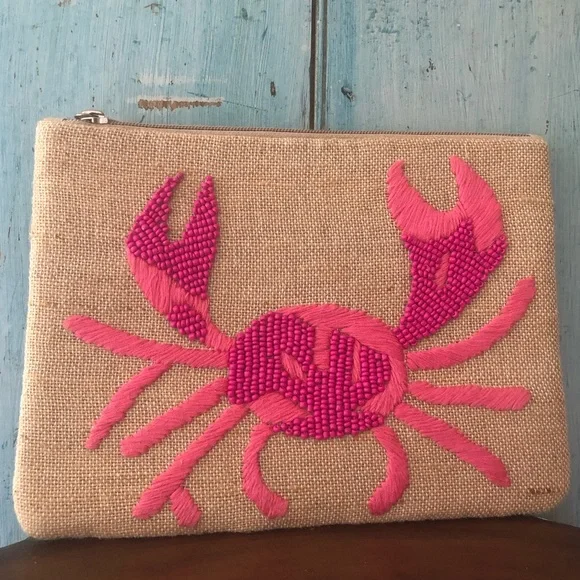 Beaded 2-tone pink crab on tan-colored linen-like fabric clutch bag by Spartina - Picture 11 of 11